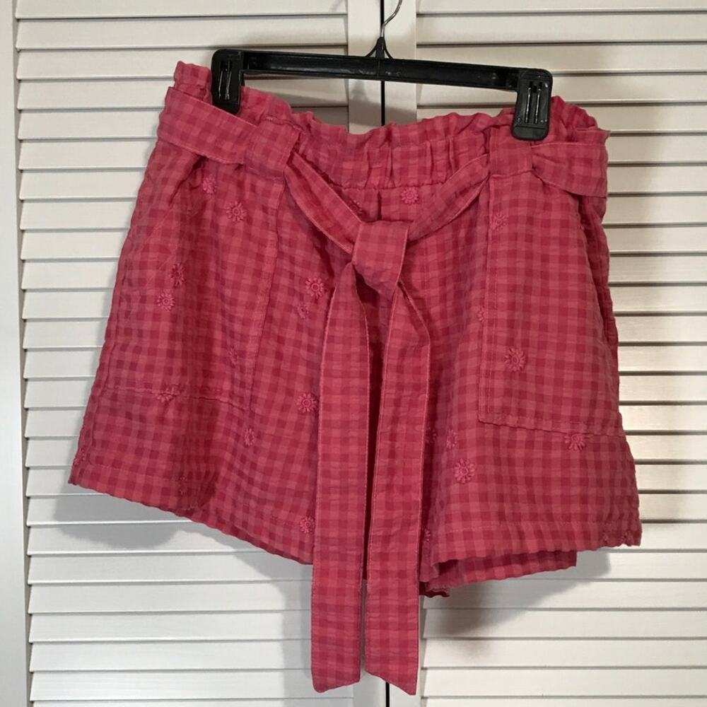 Time and Tru Rose Pink Gingham Plaid Embroidered Floral High Rise Shorts XL